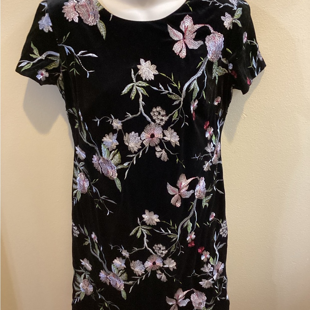 Calvin Klein Black Velvet Dress with Embroidered Floral Details